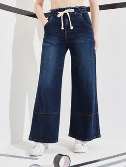 DOLCE CRUDO - Blue Denim Mid Waist Solid/Plain Wide Leg Jeans