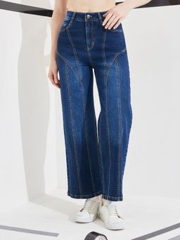 DOLCE CRUDO - Blue Denim Mid Waist Solid/Plain Wide Leg Jeans