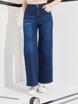 DOLCE CRUDO - Blue Denim Mid Waist Solid/Plain Wide Leg Jeans