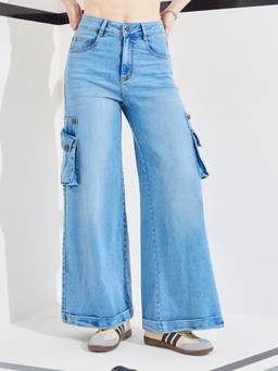 DOLCE CRUDO - Women's Blue Denim Mid Waist Baggy Fit Solid Wide Leg Jeans