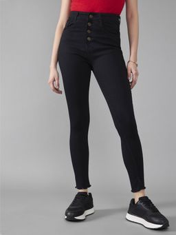 DOLCE CRUDO - Black Denim Mid Waist Solid/Plain Skinny Leg Jeans
