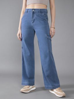DOLCE CRUDO - Blue Denim Mid Waist Solid/Plain Straight Leg Jeans