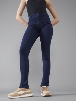 DOLCE CRUDO - Navy Blue Denim Mid Waist Solid/Plain Skinny Leg Jeans