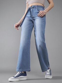 DOLCE CRUDO - Blue Denim Mid Waist Solid/Plain Wide Leg Jeans