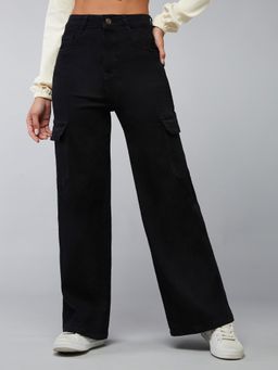 DOLCE CRUDO - Black Denim Mid Waist Solid/Plain Wide Leg Jeans