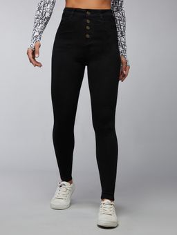 DOLCE CRUDO - Black Denim Mid Waist Solid/Plain Skinny Leg Jeans