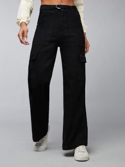 DOLCE CRUDO - Black Denim Mid Waist Solid/Plain Wide Leg Jeans