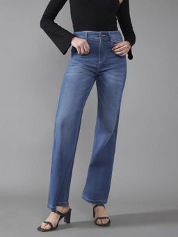 DOLCE CRUDO - Blue Denim Mid Waist Solid/Plain Straight Leg Jeans