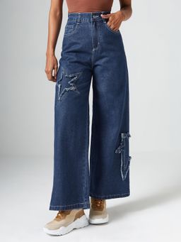 DOLCE CRUDO - Navy Blue Denim Mid Waist Solid/Plain Wide Leg Jeans