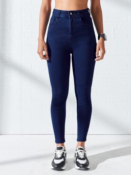 DOLCE CRUDO - Navy Blue Denim Mid Waist Solid/Plain Skinny Leg Jeans