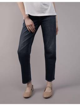 American Eagle - Navy Blue Cotton Blend Mid Waist Solid/Plain Straight Leg Jeans