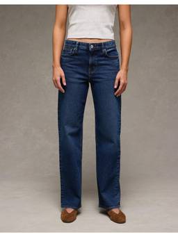 American Eagle - Blue Cotton Blend Mid Waist Solid/Plain Straight Leg Jeans