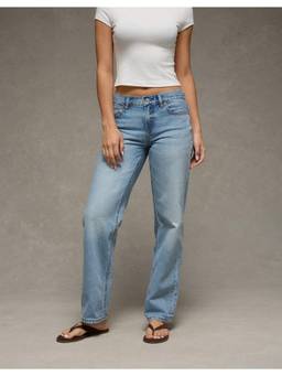 American Eagle - Blue Cotton Blend Mid Waist Solid/Plain Straight Leg Jeans