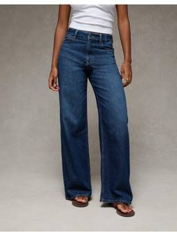 American Eagle - Blue Cotton Blend Mid Waist Solid/Plain Wide Leg Jeans