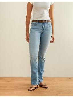 American Eagle - Blue Cotton Blend Mid Waist Solid/Plain Straight Leg Jeans