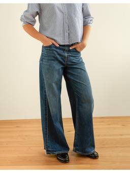 American Eagle - Blue Cotton Blend Mid Waist Solid/Plain Wide Leg Jeans