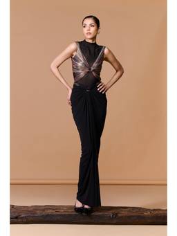 S&N by Shantnu Nikhil - Black Striped Drape Gown