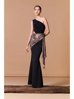 S&N by Shantnu Nikhil - Black Striped Drape Gown