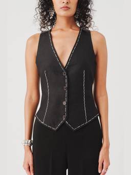 AROKA - Bearer Black Linen Waistcoat Top
