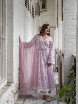Heeposh - Lavender Cotton Embroidered Kalidar Angarkha Kurta with Pant and Dupatta (Set of 3)