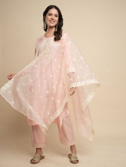Heeposh - Pink Hand Work Embroidered Yoke Kurta with Pant and Dupatta (Set of 3)