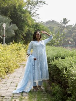 Heeposh - Blue Schiffli Embroidered Cotton Angarkha Kurta with Pant and Dupatta (Set of 3)