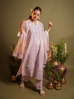 Heeposh - Pink Schiffli Embroidered Cotton Kurta with Pant and Organza Dupatta (Set of 3)