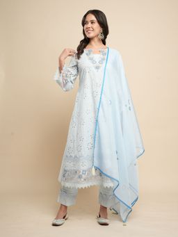 Heeposh - Blue Pure Cotton Schiffli Embroidered Kurta with Pant and Dupatta (Set of 3)