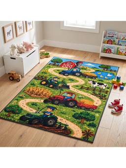 Prakartik - Farm Truck Theme Printed Baby Floor Mat for Kids Room, Green & Multi