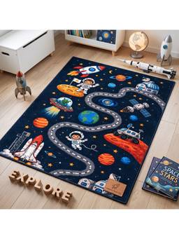 Prakartik - Outer Space Theme Printed Baby Floor Mat for Kids Room, Navy