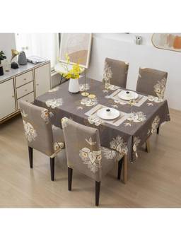 House of Quirk - Dining Table Cloth Dust Kitchen Decor 1 Table Cover + 4 Chair Cover- Beige Brocase