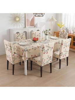 House of Quirk - Dining Table Cloth Dust Kitchen Decor 1 Table Cover + 6 Chair Cover- Beige Tulip