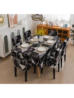 House of Quirk - Dining Table Cloth Dust Kitchen Decor 1 Table Cover + 6 Chair Cover- Black Prism