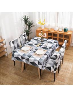 House of Quirk - Dining Table Cloth Dust Kitchen Decor 1 Table Cover + 6 Chair Cover- Black Triangle