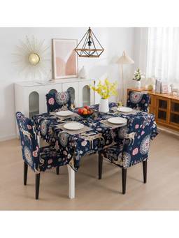House of Quirk - Dining Table Cloth Dust Kitchen Decor 1 Table Cover + 4 Chair Cover - Blue