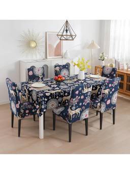 House of Quirk - Dining Table Cloth Dust Kitchen Decor 1 Table Cover + 6 Chair Cover- Blue Deer
