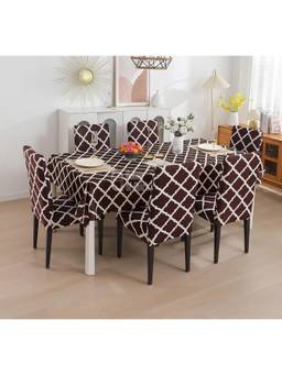 House of Quirk - Dining Table Cloth Dust Kitchen Decor 1 Table Cover + 6 Chair Cover- Brown Diamond