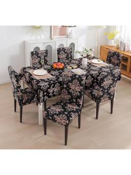 House of Quirk - Dining Table Cloth Dust Kitchen Decor 1 Table Cover + 6 Chair Cover - Black