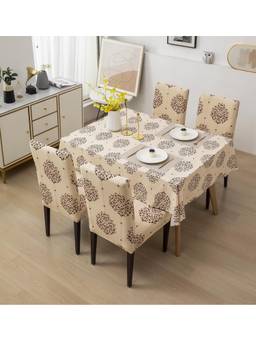 House of Quirk - Dining Table Cloth Dust Kitchen Decor 1 Table Cover + 6 Chair Cover- Cream Brocase