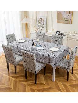 House of Quirk - Dining Table Cloth Dust Kitchen Decor 1 Table Cover + 6 Chair Cover- Grey Bloom