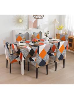 House of Quirk - Dining Table Cloth Dust Kitchen Decor 1 Table Cover + 6 Chair Cover- Multi Prism