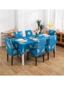 House of Quirk - Dining Table Cloth Dust Kitchen Decor 1 Table Cover + 6 Chair Cover- Teal Flamingo