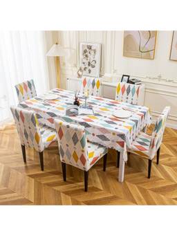 House of Quirk - Dining Table Cloth Dust Kitchen Decor 1 Table Cover + 6 Chair Cover- Rainbow