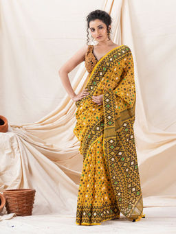 Angoshobha - Traditional Mustard Cotton Blended Soft Dhakai Jamdani Saree with Unstitched Blouse