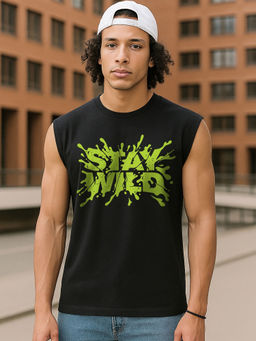 Bewakoof - Men's Jet Black Stay Wild Typography Oversized Vest