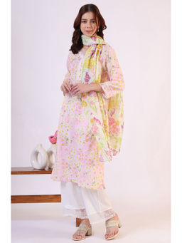 W - Polyester Cream Floral Dupatta for Women