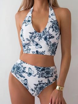 Addery - Vintage White Floral Butterfly High-Waisted Bikini (Set of 2)