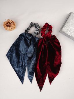 Laida - Maroon And Blue Velet Hankerchief Style Scrunchies With Knot Detail (Pack of 2)