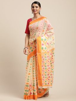 Vastranand - Cream-Coloured & Orange Woven Design Jamdani Saree with Unstitched Blouse
