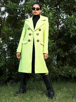 Campus Sutra - Womens Neon Green Double- Breasted Textured Long Overcoat
